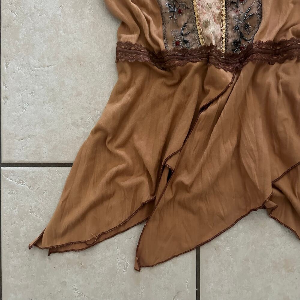 Y2k brown lace beaded assymetrical hem fairy cami tank top - Picture 2 of 6
